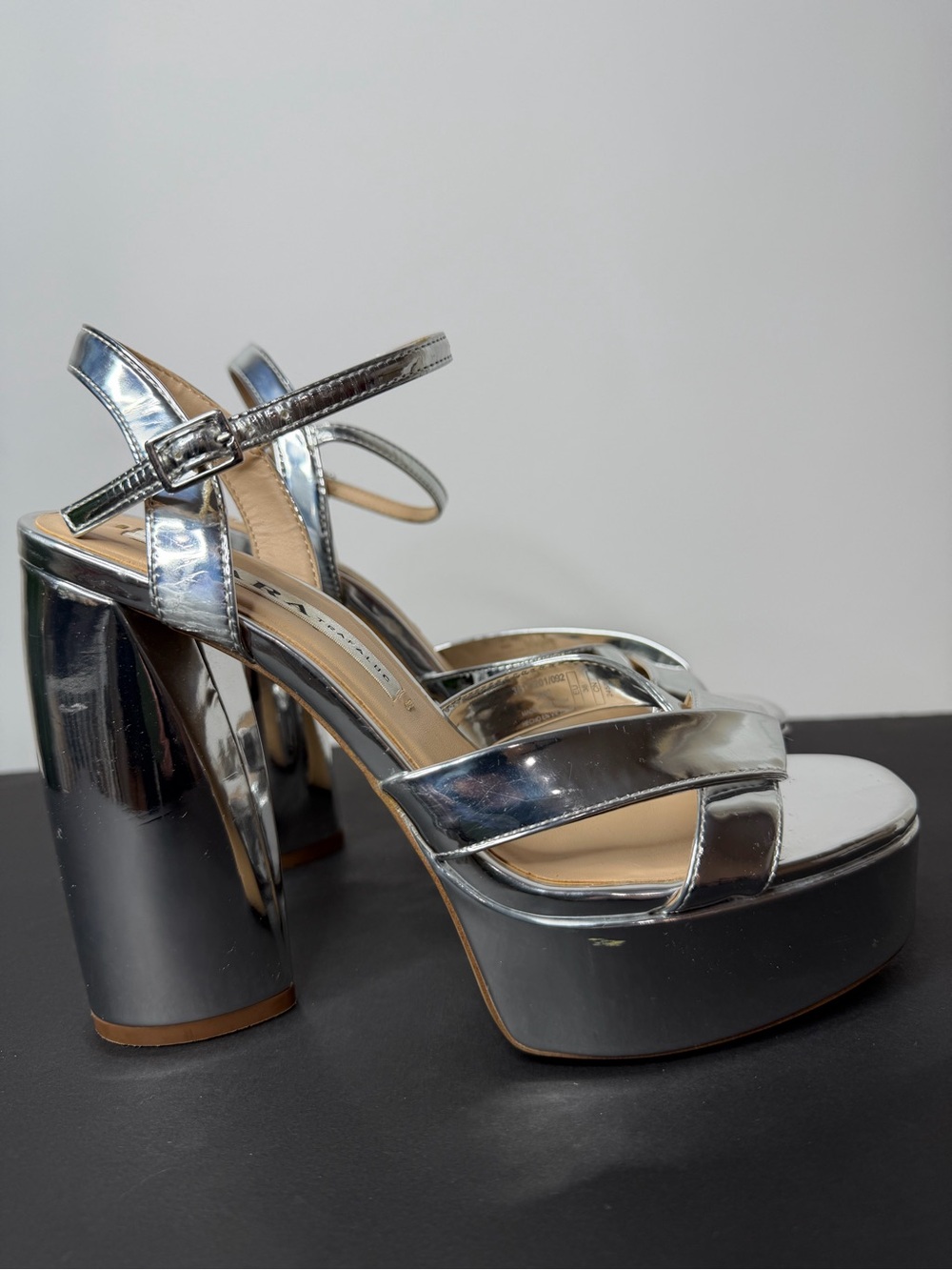 Zara Metallic Silver Platform Block Heels